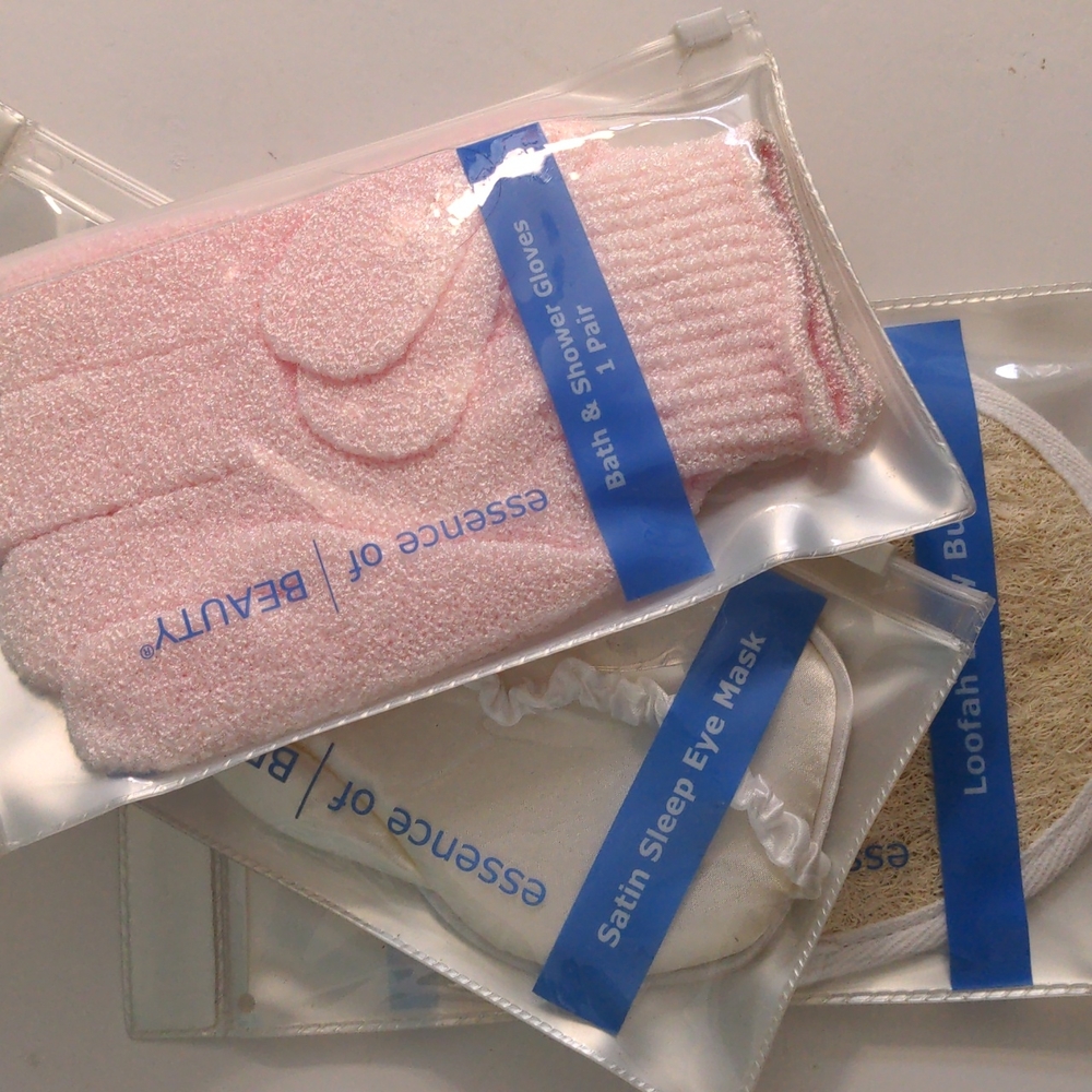 Essence of Beauty Bath and Shower Gloves, Satin Sleep Mask and Loofah